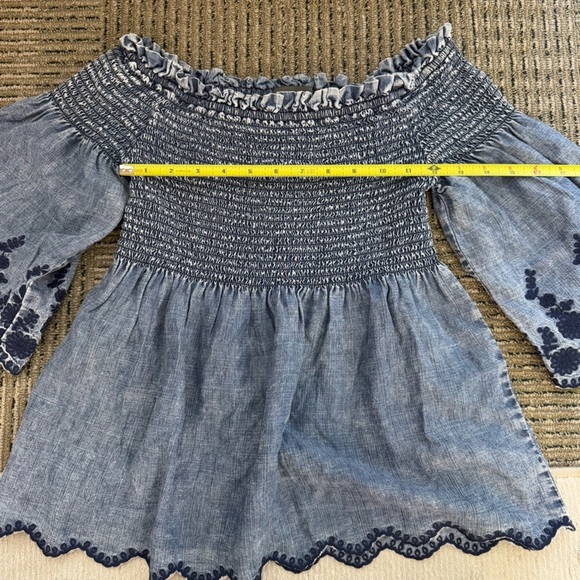 Michael Stars Denim Off Shoulder Rouched Top Embroidered Detail - Picture 5 of 6